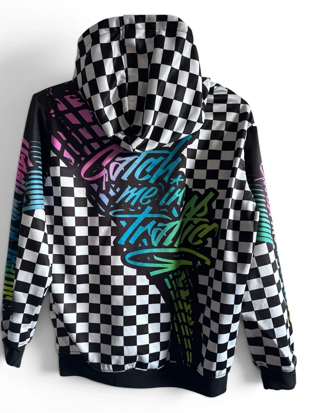 Checkerboard Hooded Sweatshirt with Neon Script CMIT Bike Catch Me in Traffic